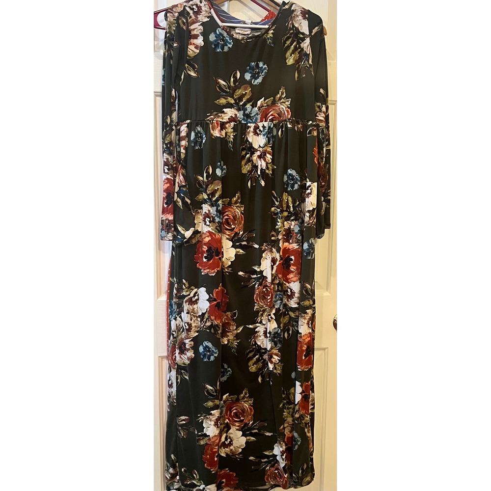 Sweet Lovely by Jen Floral Maxi Dress Long Sleeve Empire Waist Olive Green Med